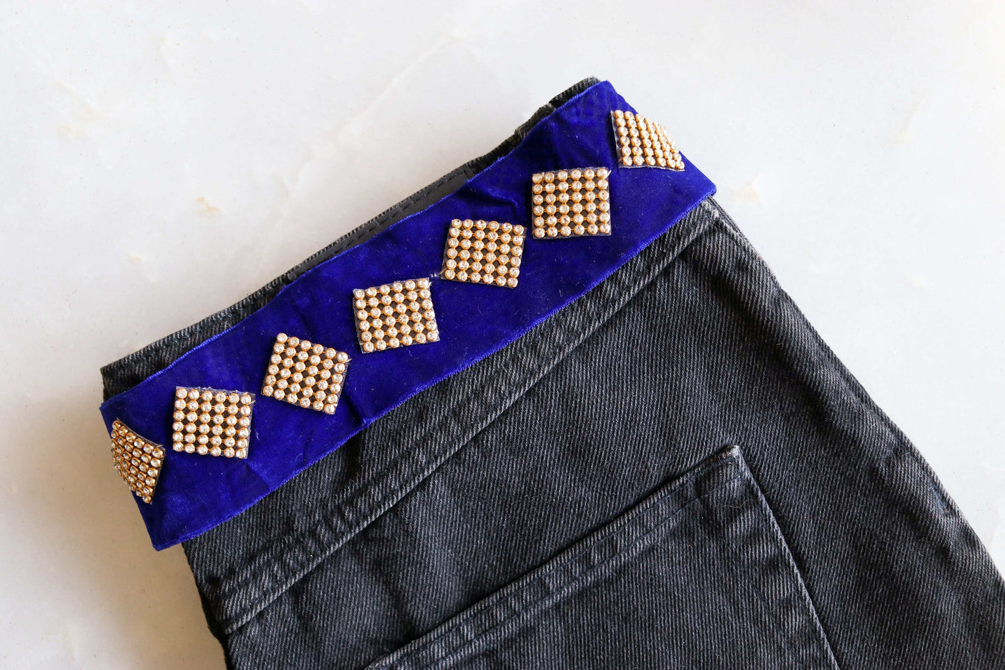 Blue Velvet Diamante Checks Trim,Deep Blue Diamante Border,Indian Fabric Blue Velvet Square Stone Patch Lace,Blue Saree Border,Price/mtr