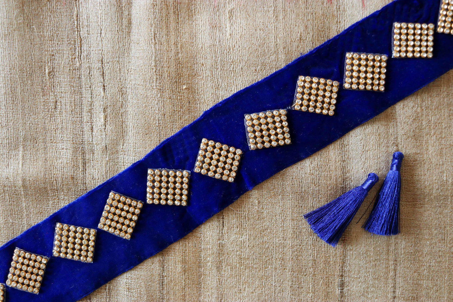 Blue Velvet Diamante Checks Trim,Deep Blue Diamante Border,Indian Fabric Blue Velvet Square Stone Patch Lace,Blue Saree Border,Price/mtr