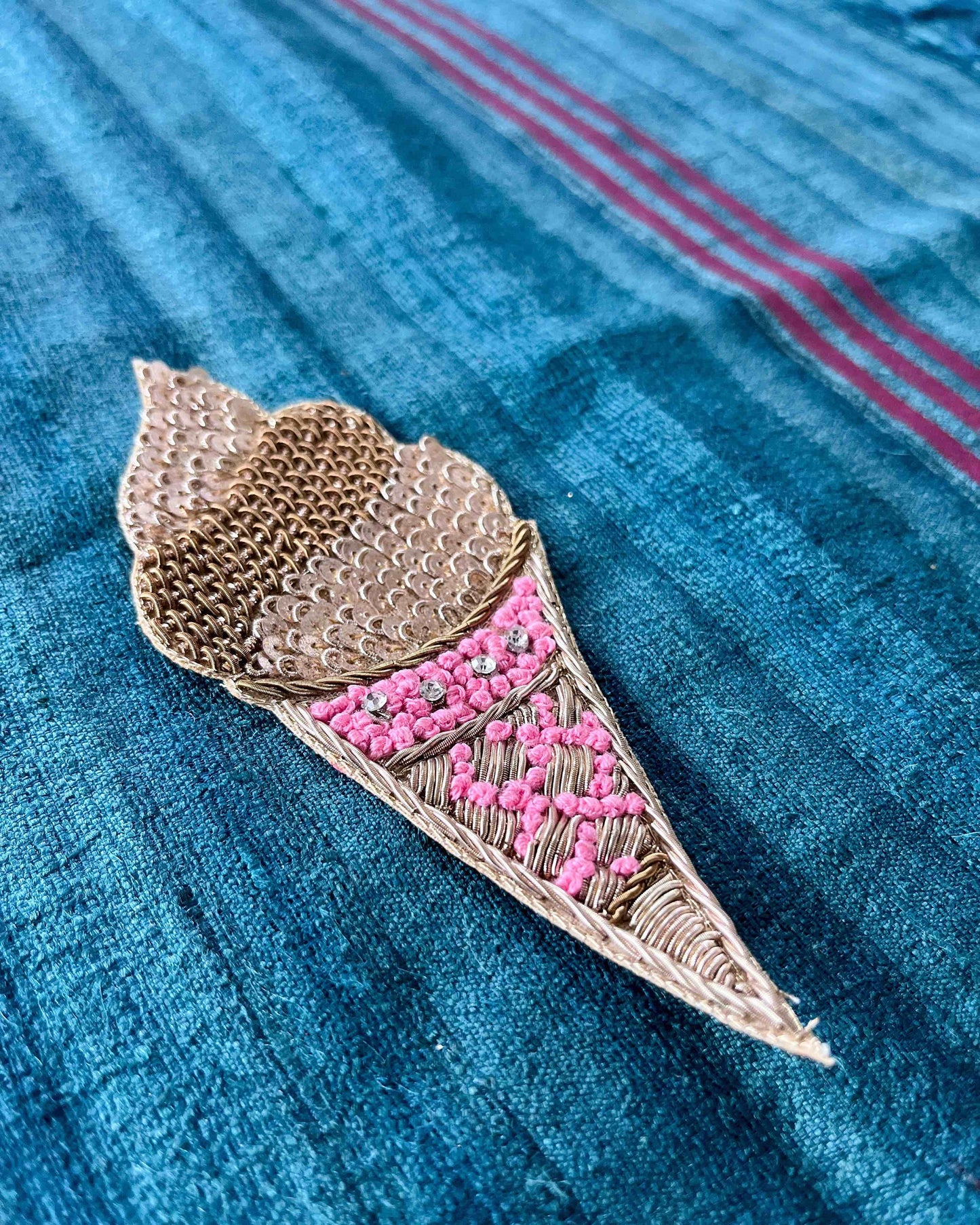 Quirky Pink Sequin Ice-cream Patch,Ice-Cream Cone applique, Gold Pink Sequin Food Patch,Dessert Applique, Boho Playful applique