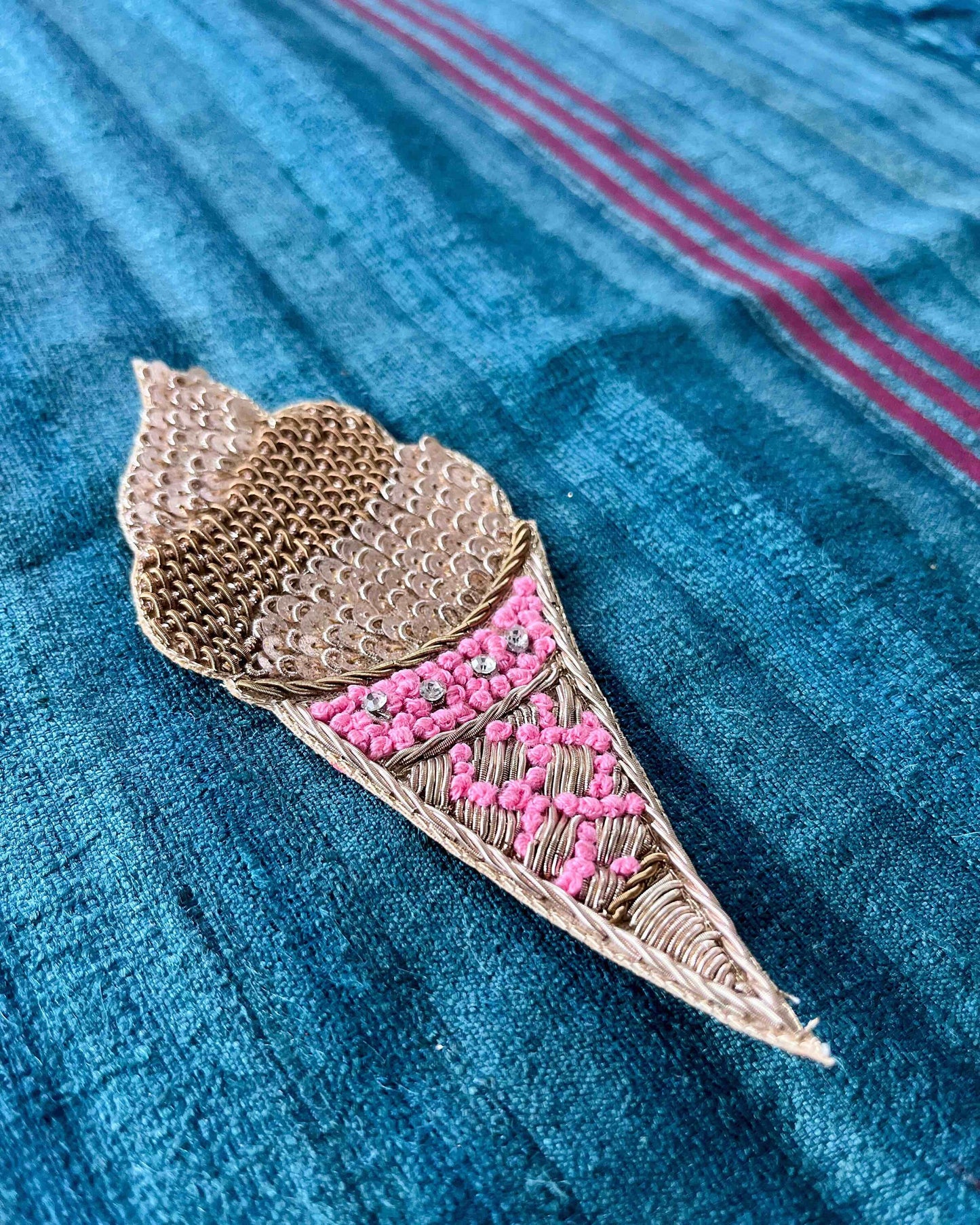 Quirky Pink Sequin Ice-cream Patch, Ice-Cream Cone applique, Gold Pink Sequin Food Patch, Dessert Applique, Boho Playful applique