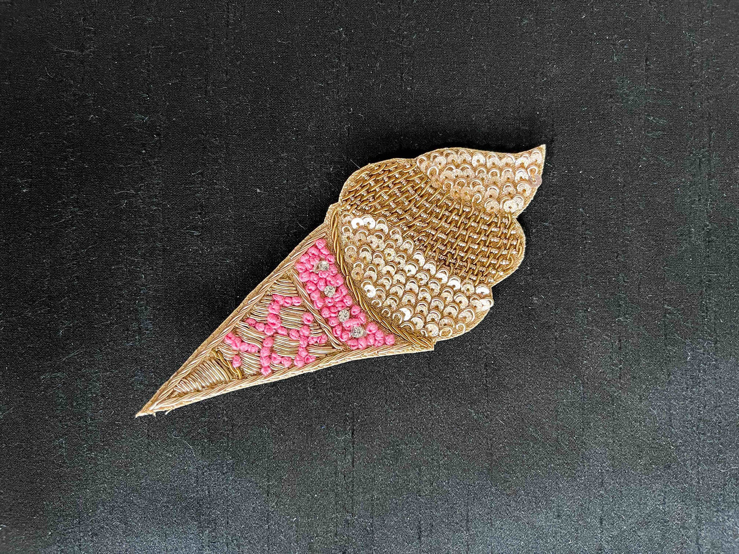Quirky Pink Sequin Ice-cream Patch, Ice-Cream Cone applique, Gold Pink Sequin Food Patch, Dessert Applique, Boho Playful applique