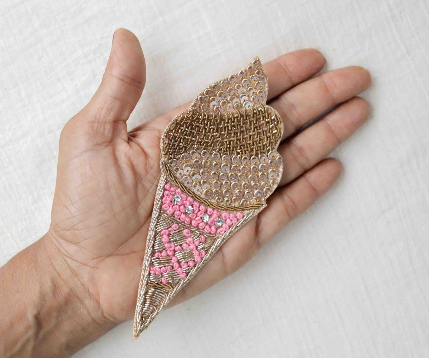 Quirky Pink Sequin Ice-cream Patch, Ice-Cream Cone applique, Gold Pink Sequin Food Patch, Dessert Applique, Boho Playful applique
