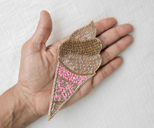 Quirky Pink Sequin Ice-cream Patch, Ice-Cream Cone applique, Gold Pink Sequin Food Patch, Dessert Applique, Boho Playful applique