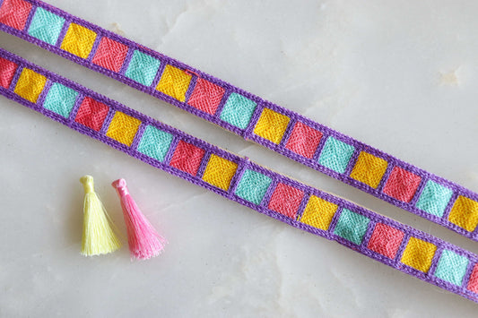Pink Teal Checks Embroidered Trim,Jute Embroidery,Pastel Square Border,Boho Rustic Checks Lace,Indian Fabric Trim,Price/mtr