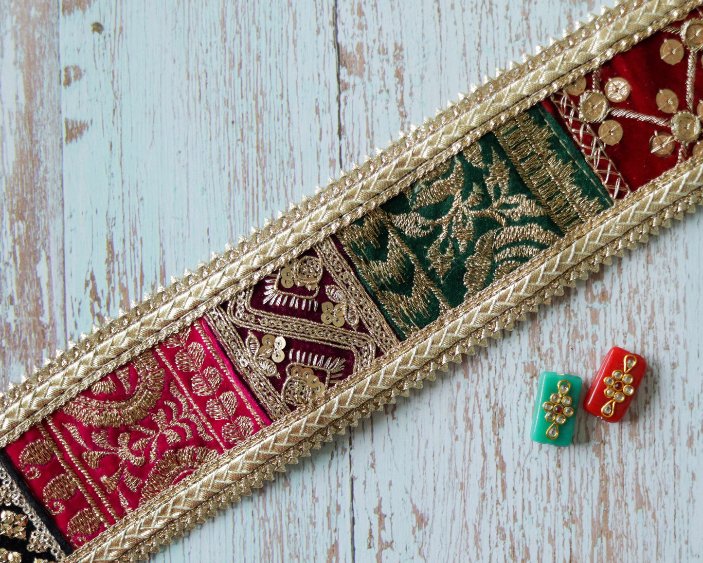 Boho Patchwork Embroidered Trim,Handmade Upcycled Embroidered Lace,Beige Gold Floral Border,Indian Patchwork Khichdi Saree Border,Price/mtr