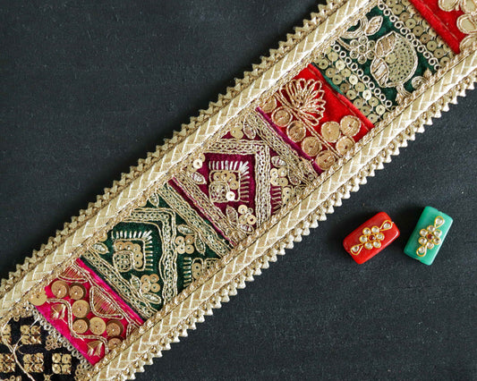 Boho Patchwork Embroidered Trim,Handmade Upcycled Embroidered Lace,Beige Gold Floral Border,Indian Patchwork Khichdi Saree Border,Price/mtr