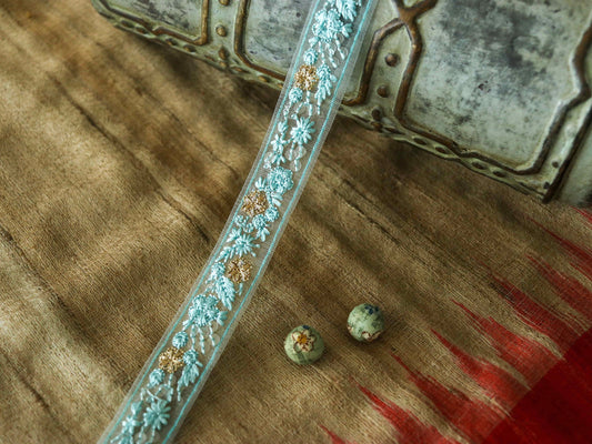 Blue Floral Self Embroidered Trim,Indian Fabric Net Embroidered Border,Lucknowi Chikankari Lace,Blue Sequin Saree Border,Price/mtr