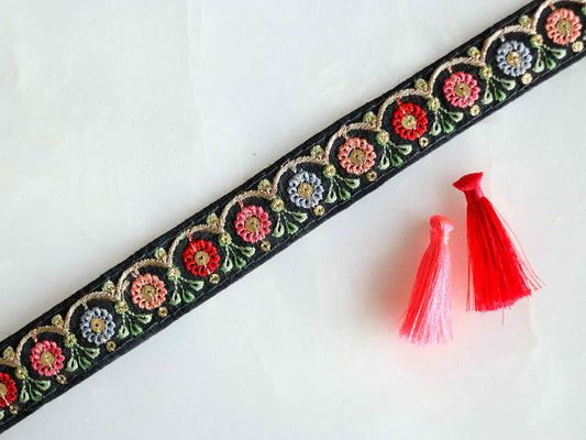 Black Red Floral Embroidered Trim,Indian Fabric Embroidered Border,Black Pink Blue Floral Lace,Floral Saree Border,Price/mtr