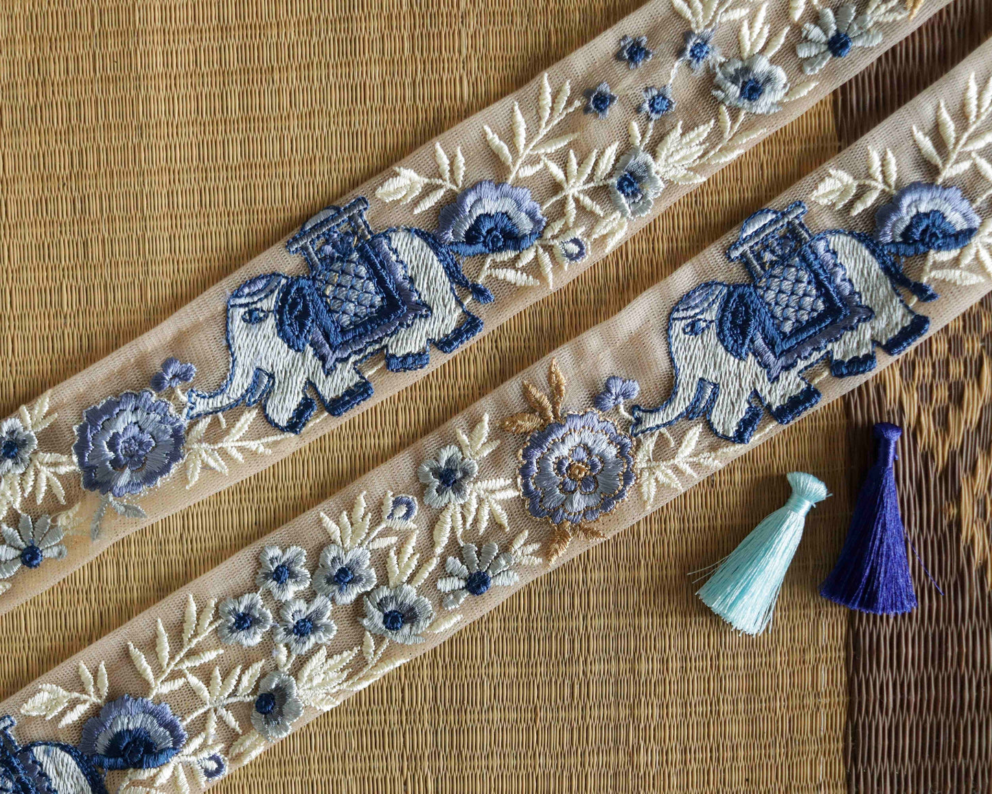 Blue Grey Elephant Embroidered Trim,Grey Elephant Net Border,Royal Indian Designer Lace,Floral Elephant Saree Border,Price/mtr