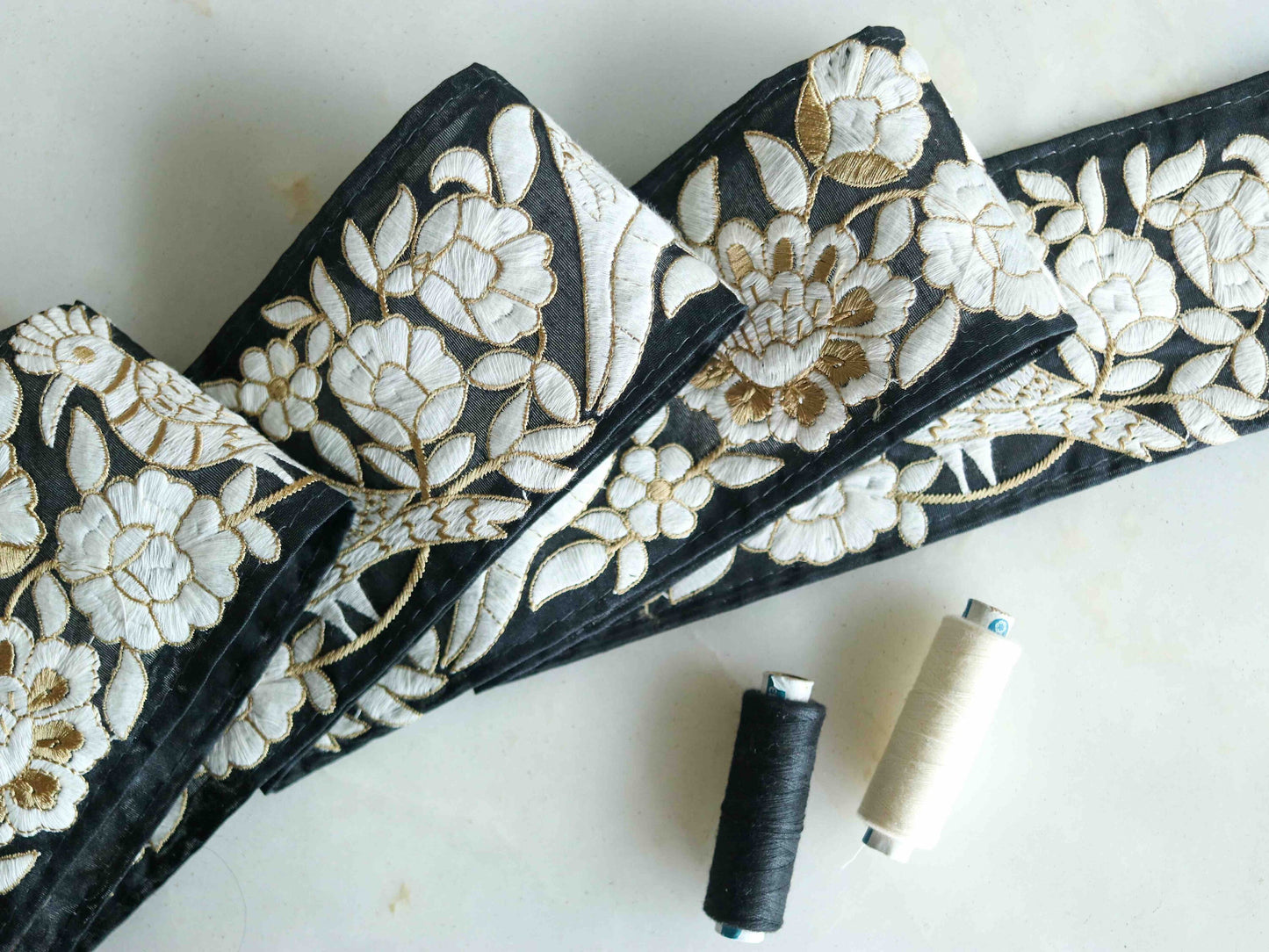 Black White Floral Parrot Embroidered Trim,Indian Embroidery Border,Black White Bird Lace,Parsi Saree Border, 1.5 mtr
