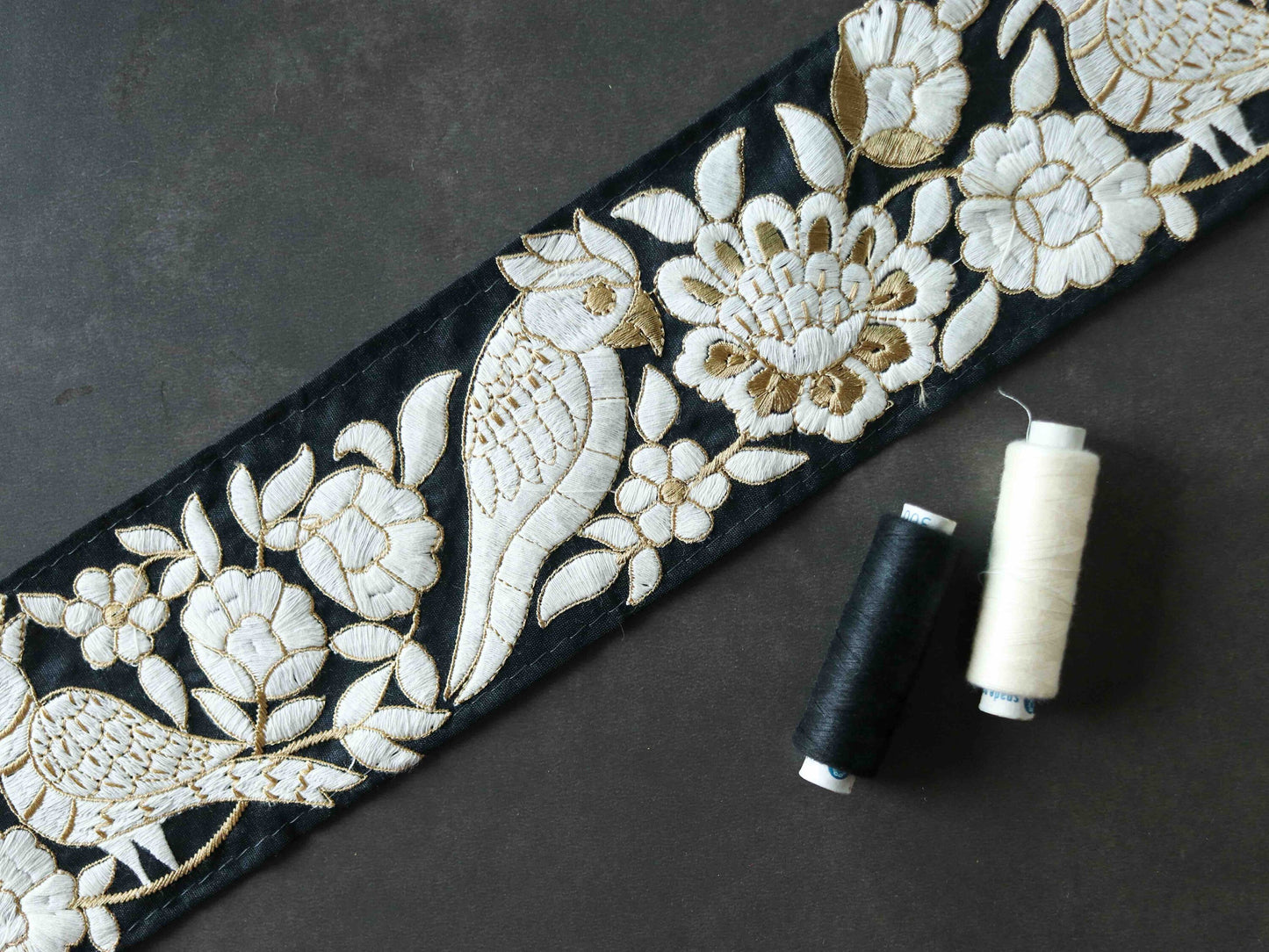 Black White Floral Parrot Embroidered Trim,Indian Embroidery Border,Black White Bird Lace,Parsi Saree Border, 1.5 mtr