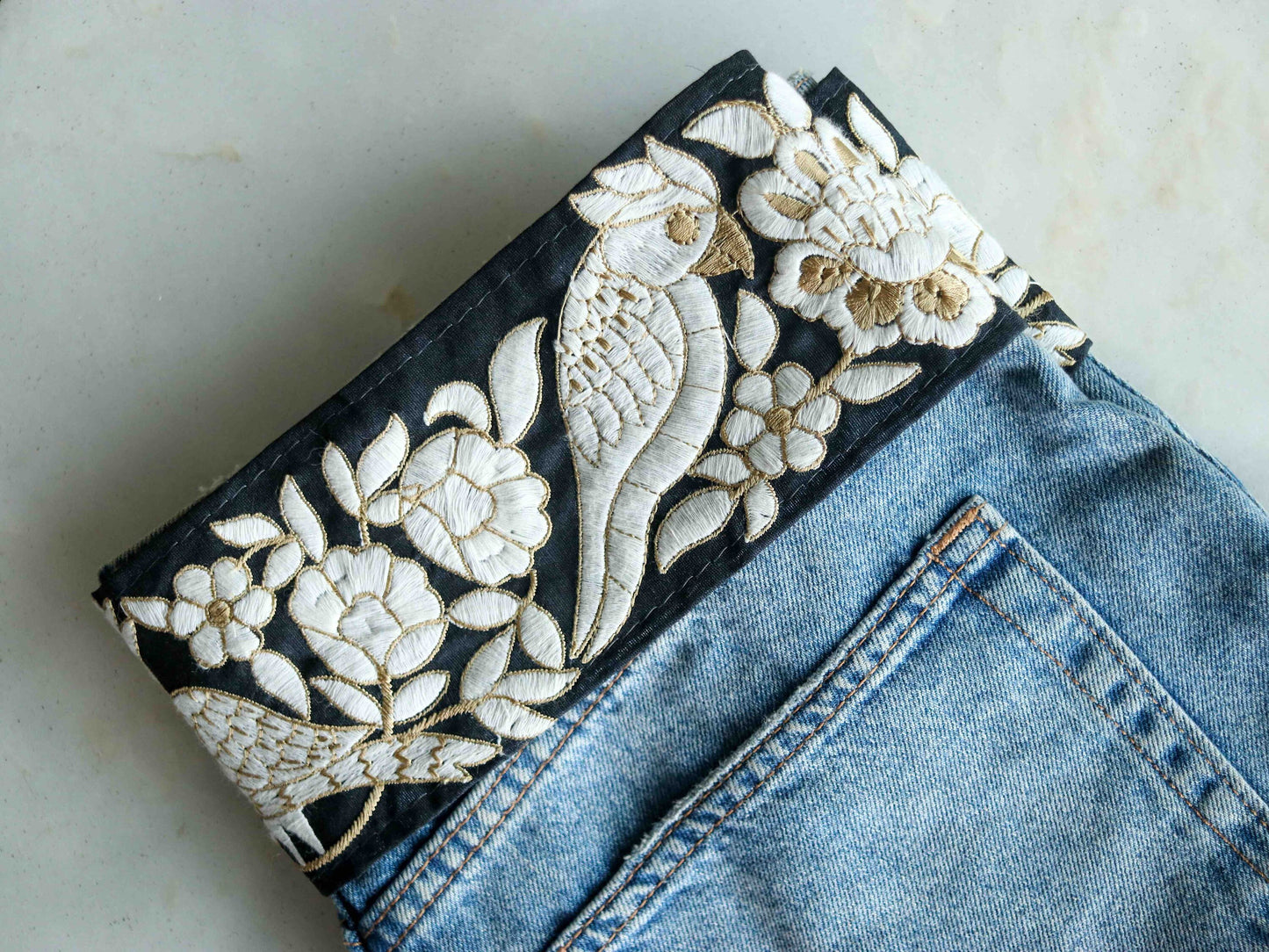 Black White Floral Parrot Embroidered Trim,Indian Embroidery Border,Black White Bird Lace,Parsi Saree Border, 1.5 mtr