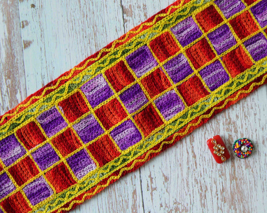 Red Purple Checks Kutchi Trim,Broad Embroidered Indian Border,Boho Multicolour Lace,Tribal Hippie Colourful Saree Border