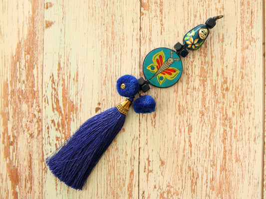 Boho Blue Matryoshka Butterfly Tassel,Handmade Latkan, Teal Blue Pompom Tufted Tassel,Quirky Kitschy Indian Charm,Christmas Tree Supply