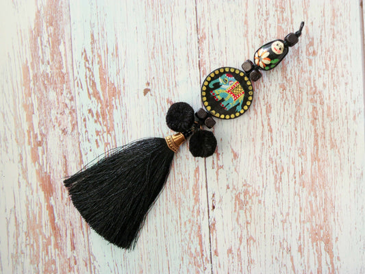 Boho Black Matryoshka Elephant Tassel,Handmade Latkan, Black Pompom Tassel,Quirky Kitschy Indian Tribal Charm,Christmas Tree Supply