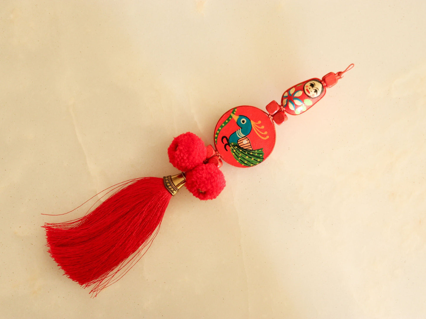 Boho Red Matryoshka Peacock Tassel,Handmade Latkan, Red Pompom Tassel,Quirky Kitschy Indian Tribal Charm,Christmas Tree Supply