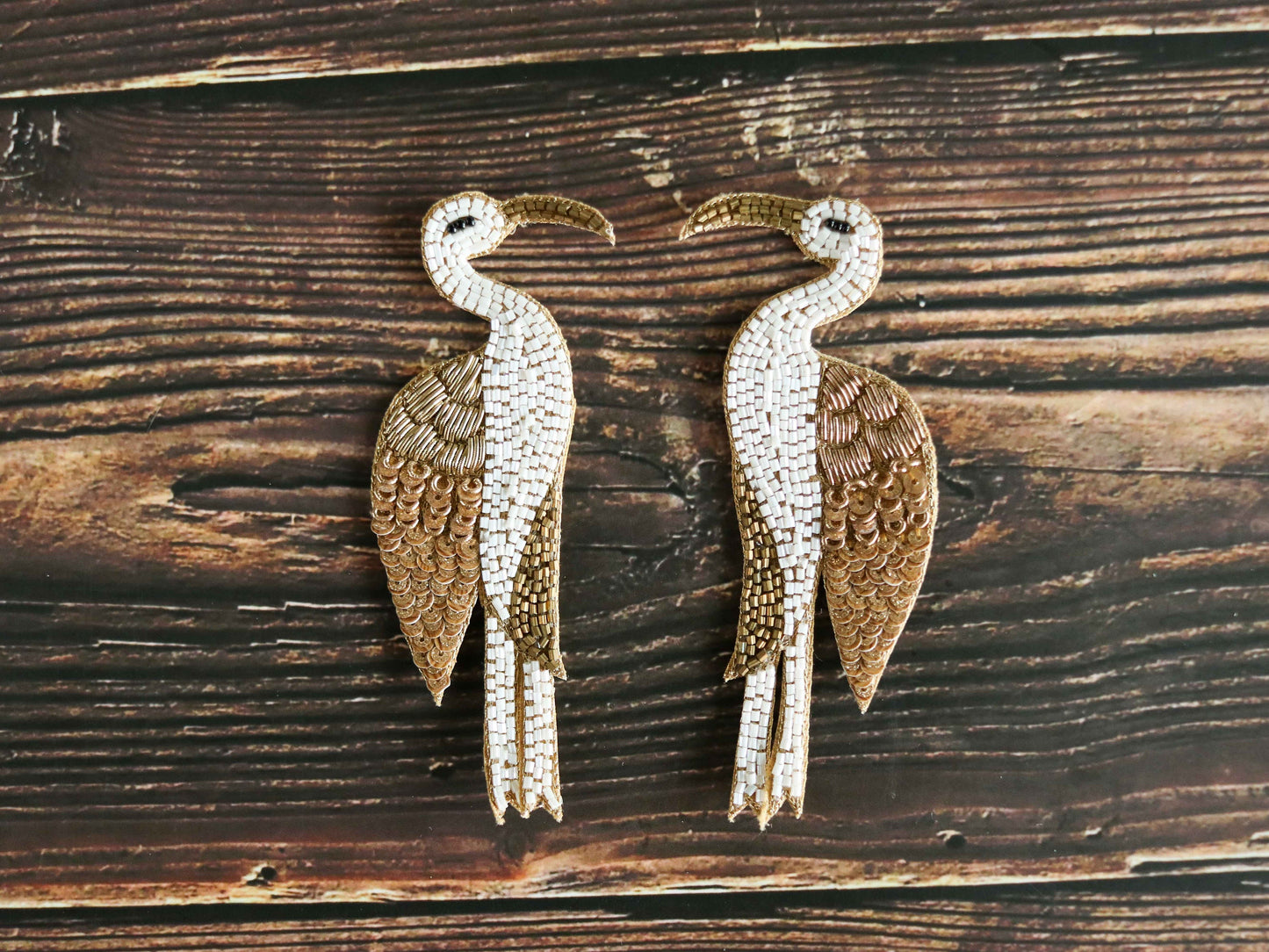 White Gold Stork embroidered patch,Handmade Bird sequin applique, Golden Indian bird zari patch,Sew on applique, Boho DIY Bird Patch