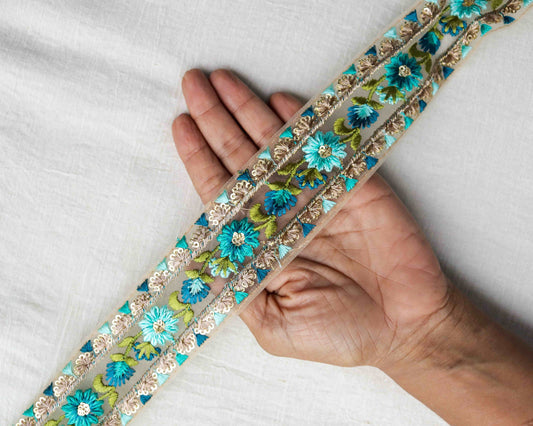 Teal Green Floral Embroidered Trim,Teal Gold Floral Net Border,Green Floral Lace,Indian Fabric Trim,Floral Saree Border,Price/mtr