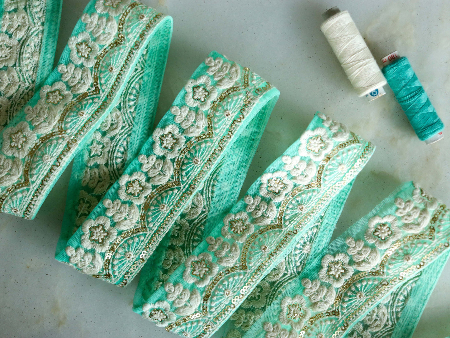 Mint White Floral Embroidered Trim,Indian Fabric Net Sequins Border,Green Sequins Lace,Pink Gold Saree Border,Price/mtr