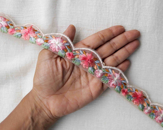 Floral Scallop Embroidered Net Trim,Pink White Net Border,Cutwork Floral Net Lace,Indian Fabric Trim,Floral Saree Border,Price/mtr