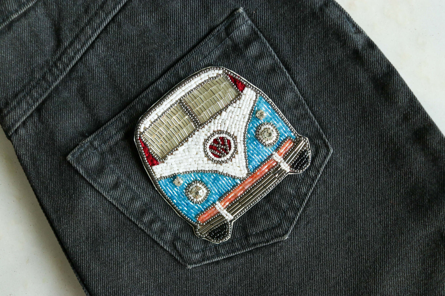 Vintage Van Quirky embroidered patch,Handmade Beaded Bus Vehicle applique, Boho Hippie patch,Flower Power Holiday Travel Microbus Patch
