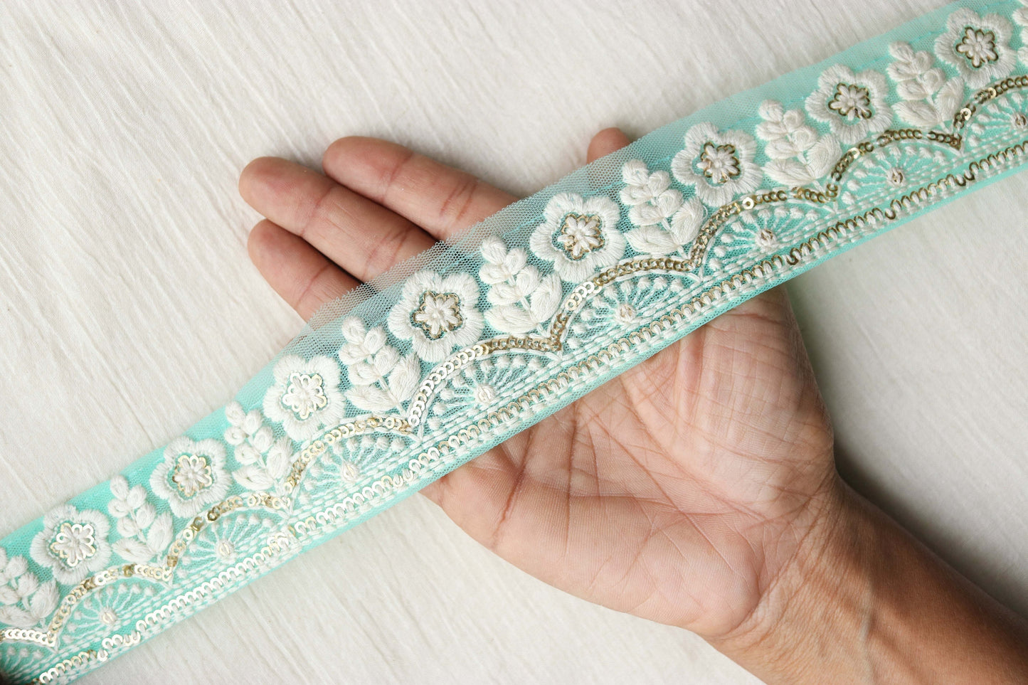 Mint White Floral Embroidered Trim,Indian Fabric Net Sequins Border,Green Sequins Lace,Pink Gold Saree Border,Price/mtr