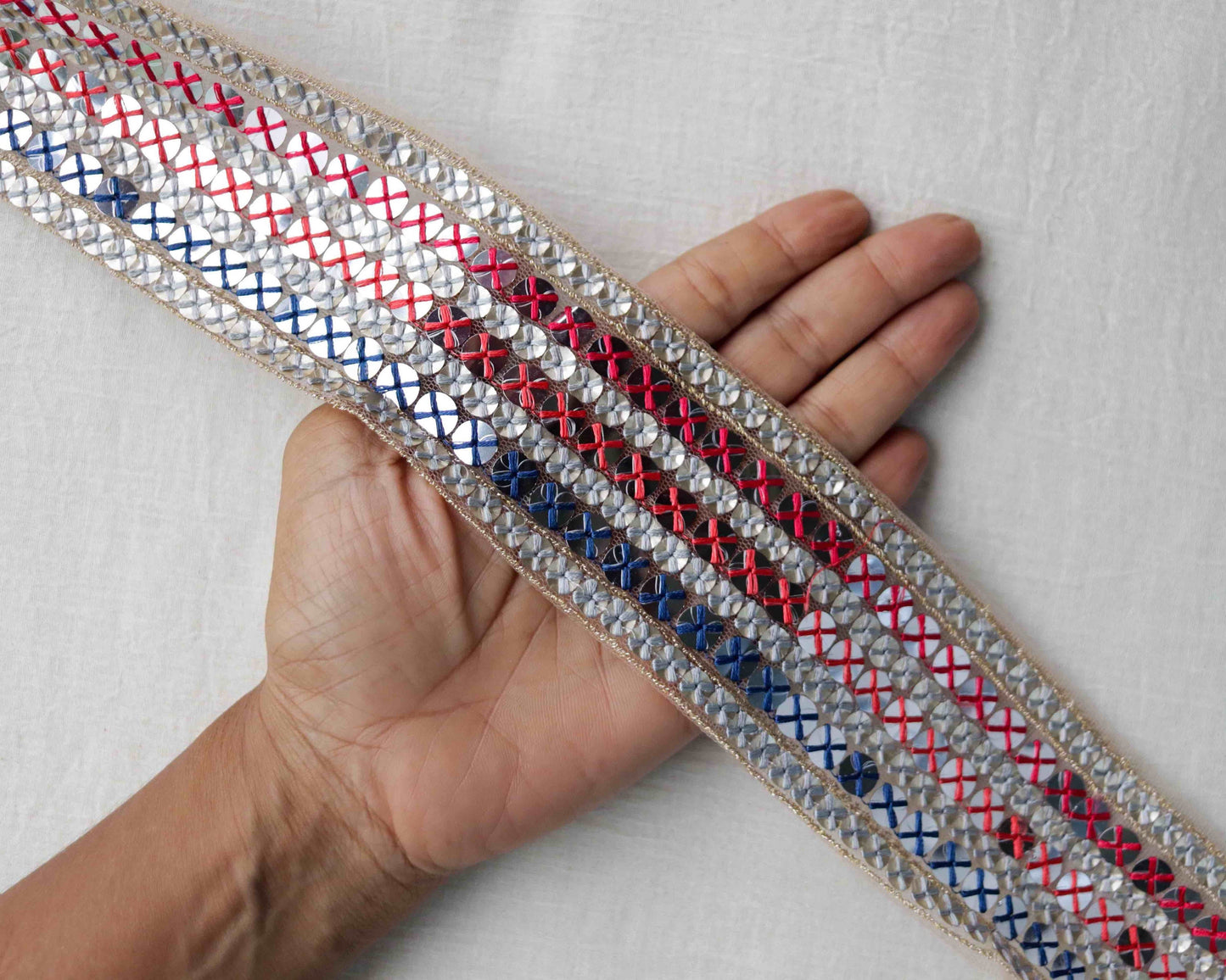 Blue Pink Mirror Sequin Trim,Indian Net Embroidered Border,Delicate White Pink Mirror Sequin Lace,Mirror Saree Border,Price/mtr