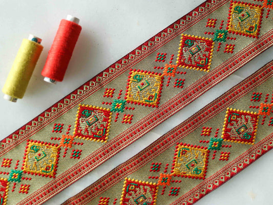 Red Gold Elephant Jacquard Trim,Brocade Patola Border,Indian Brocade Lace,Red Gold Animal Floral Trim,Red Saree Border,Price/mtr