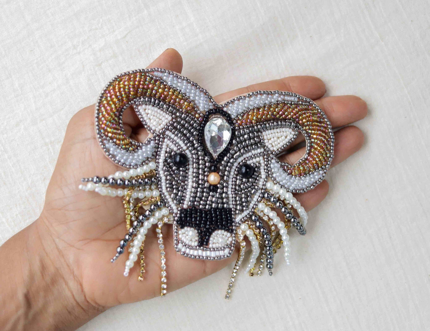 Black White Beaded Bull Patch,Handmade embroidered applique, Boho Bullock Buffalo Cow Patch,Animal patch,Sew on applique, DIY Patch