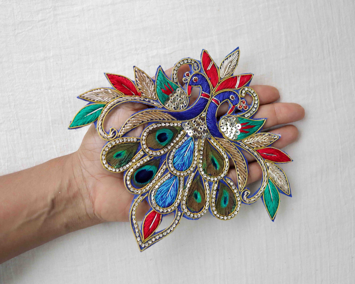 Boho peacock embroidered patch,Handmade peacock applique, Indian bird patch,Sew on Applique, DIY Patch