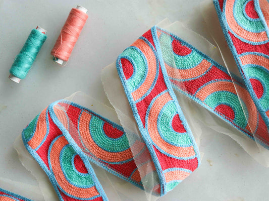 Blue Peach Circle Embroidered Trim,Peach Fuzz Net Border,Indian Fabric Trim,Boho Blue Polka Lace,Semi Circle,Blue Saree Border,Price/mtr