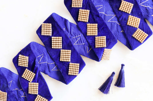 Blue Velvet Diamante Checks Trim,Deep Blue Diamante Border,Indian Fabric Blue Velvet Square Stone Patch Lace,Blue Saree Border,Price/mtr