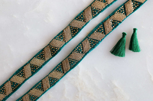 Green Gold Diamante Stripes Trim,Deep Green Diamante Border,Indian Fabric Green Zig Zag Diagonal Design Lace,Green Saree Border,Price/mtr