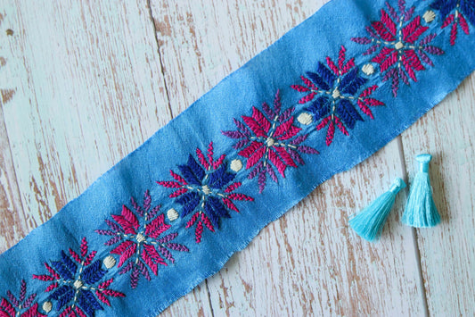 Blue Pink Embroidered Phulkari Trim,Floral Indian Border,Geometric Blue Lace,Boho Hippie Phulkari Saree Border,Snowflake Design,Price/mtr