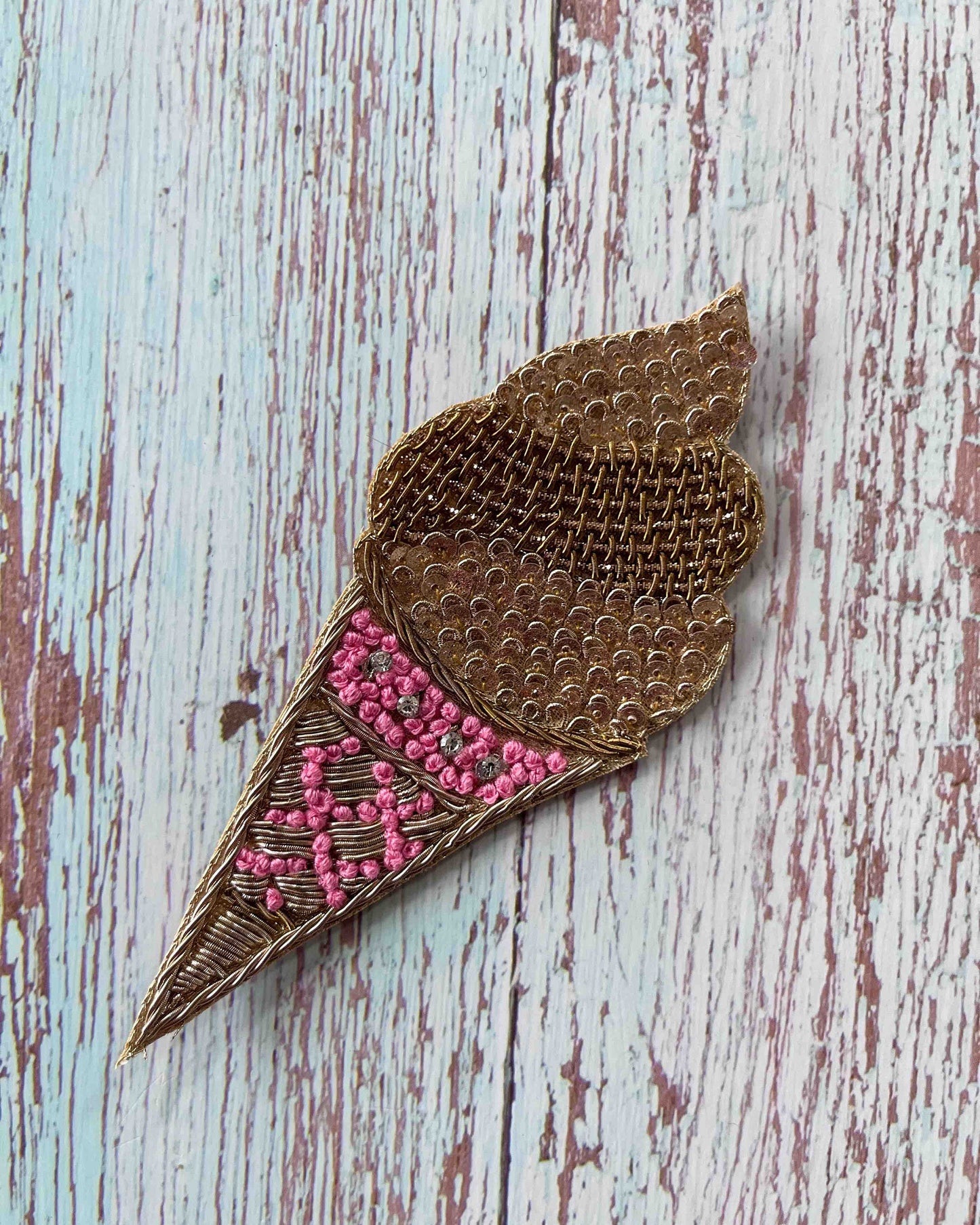 Quirky Pink Sequin Ice-cream Patch,Ice-Cream Cone applique, Gold Pink Sequin Food Patch,Dessert Applique, Boho Playful applique