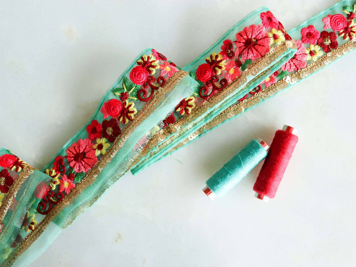 Mint Pink Floral Embroidered Trim,Sequin Floral Border,Green Pink Gold Floral Net Lace,Indian Fabric Trim,Floral Saree Border,Price/mtr