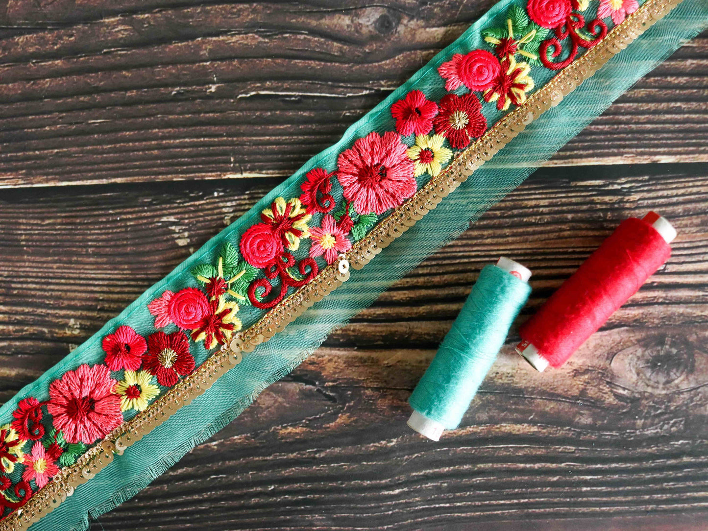 Mint Pink Floral Embroidered Trim,Sequin Floral Border,Green Pink Gold Floral Net Lace,Indian Fabric Trim,Floral Saree Border,Price/mtr