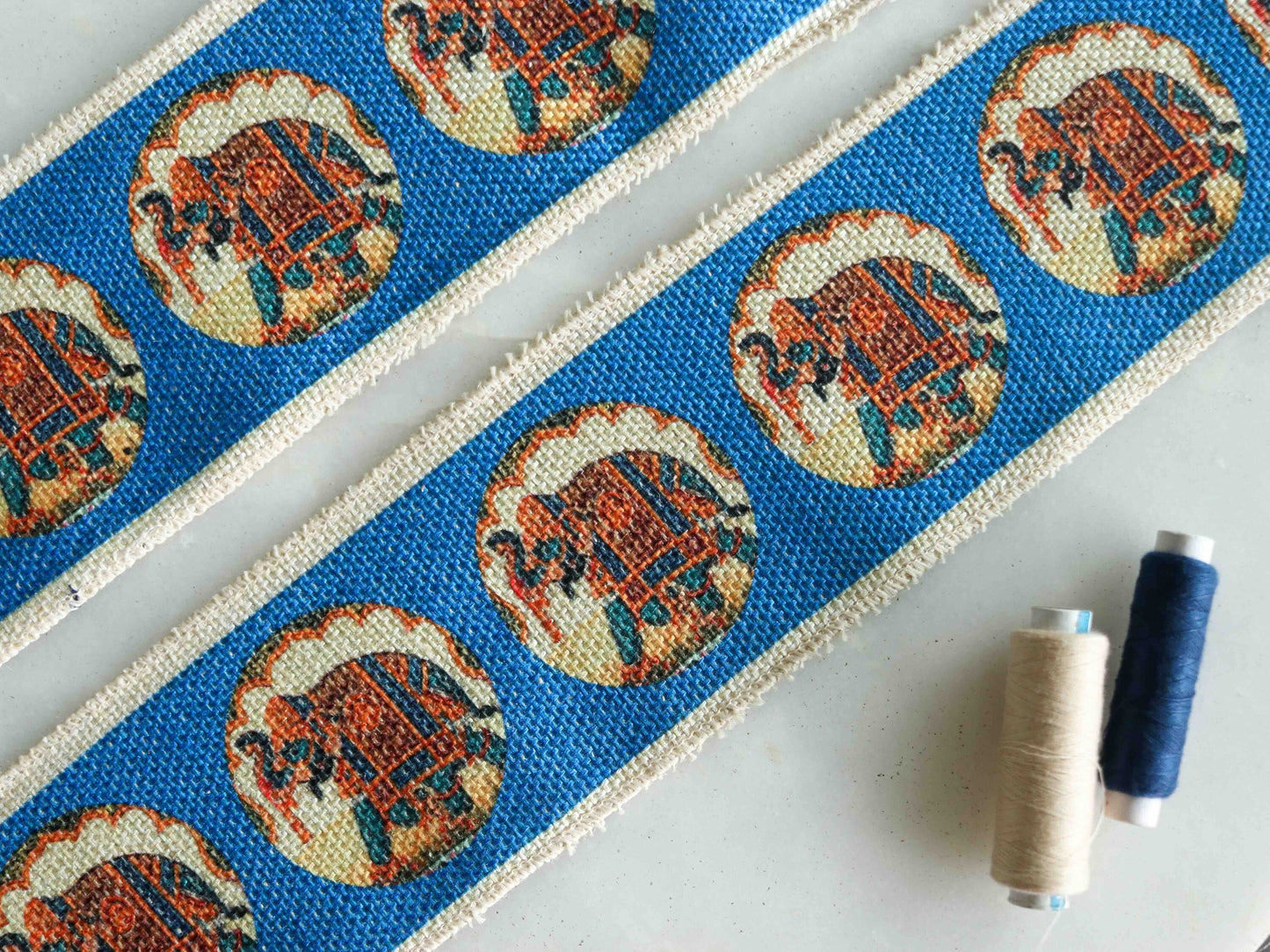 Blue Jute Elephant Print Trim,Boho Digital Print Rustic Beige Border,Indian Festive Lace,Broad Designer Bridal Saree Border,Price/mtr