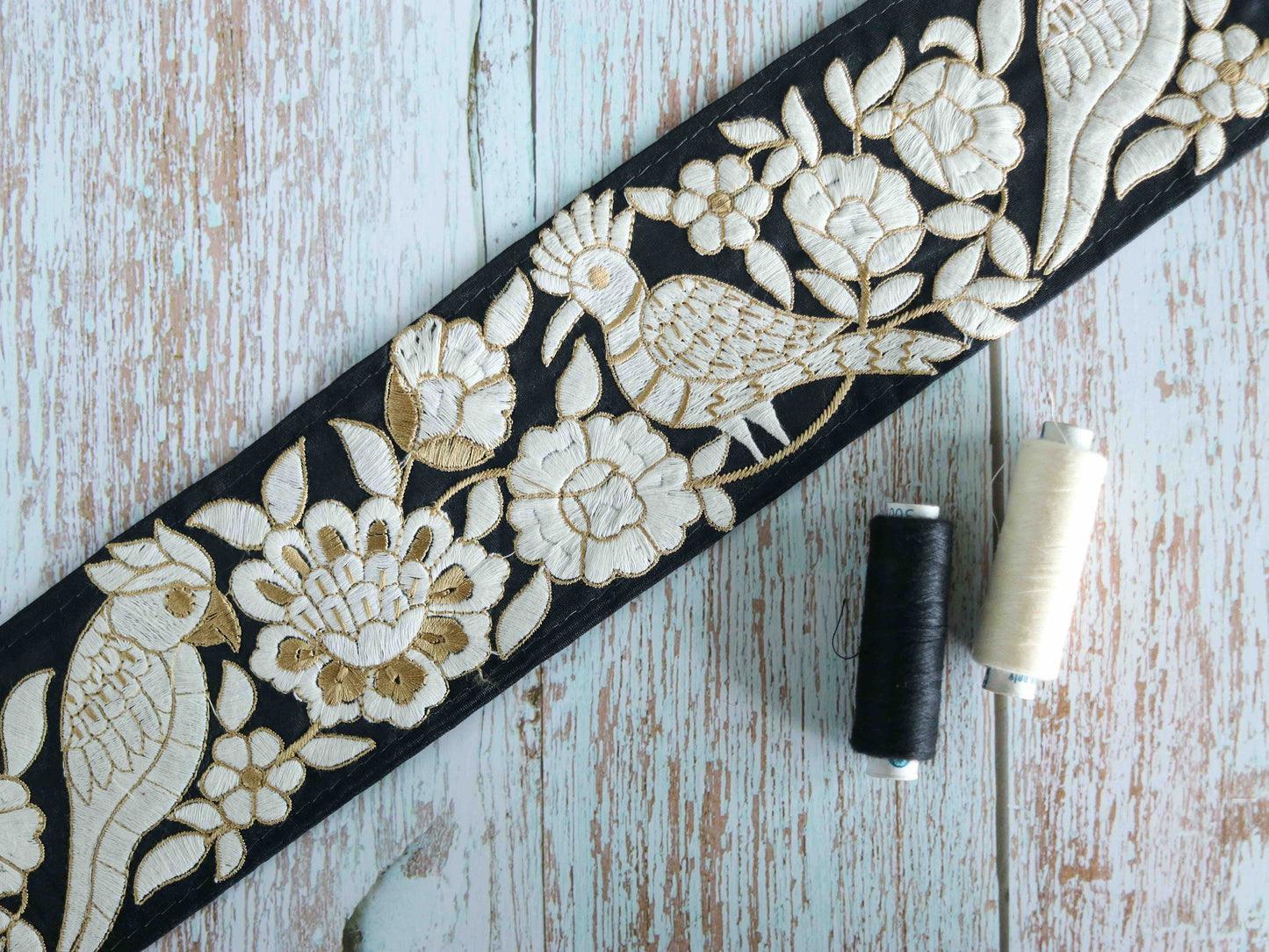 Black White Floral Parrot Embroidered Trim,Indian Embroidery Border,Black White Bird Lace,Parsi Saree Border, 1.5 mtr
