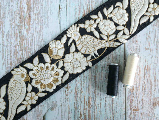 Black White Floral Parrot Embroidered Trim,Indian Embroidery Border,Black White Bird Lace,Parsi Saree Border, 1.5 mtr