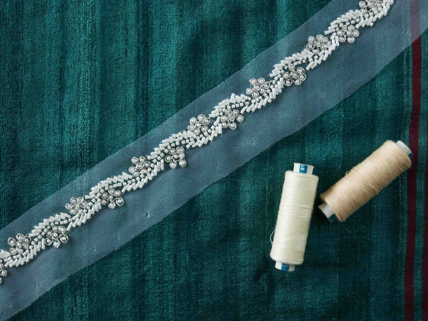 White Beaded Floral Handmade Trim,Floral Vine Bugle Bead Net Border,White Fringe Lace,Indian Fabric Trim,Calcutta Saree Border,Price/mtr