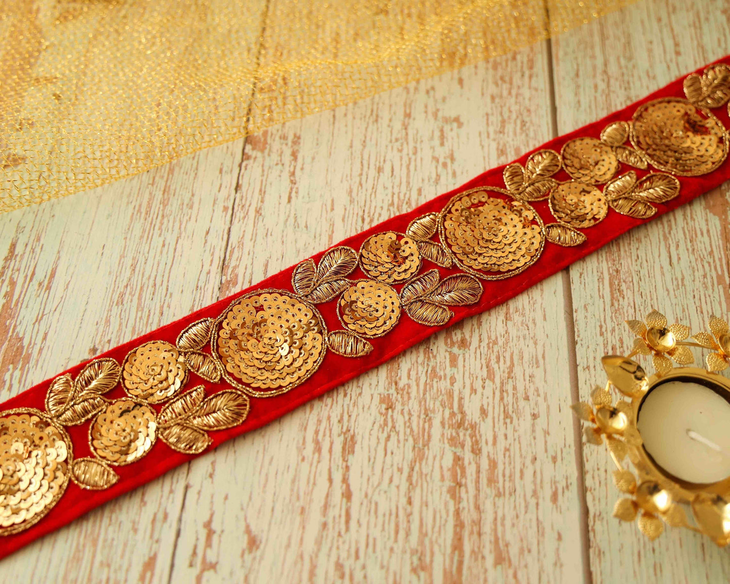 Red Gold Velvet Sequin Trim,Indian Embroidered Fabric Border,Red Gold Floral Sequin Lace,Red Saree Border,Price/mtr