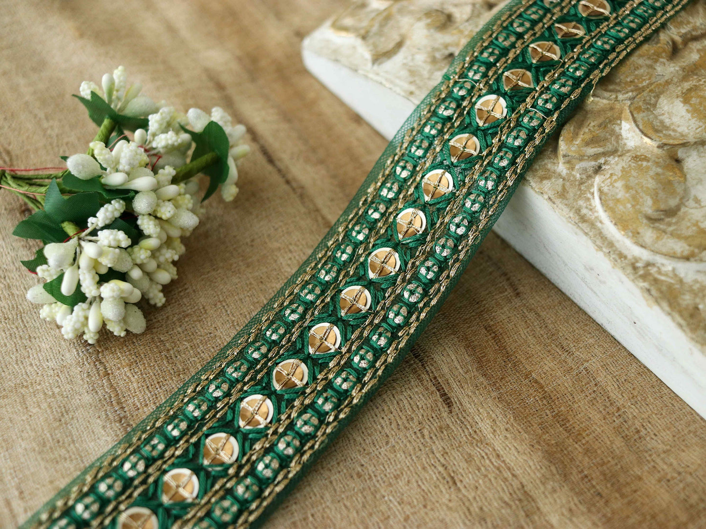 Green Gold Net Embroidered Trim, Green Gold Sequin Border, Green Gold Embroidery Lace, Indian Fabric Green Gold Saree Border, Price/mtr