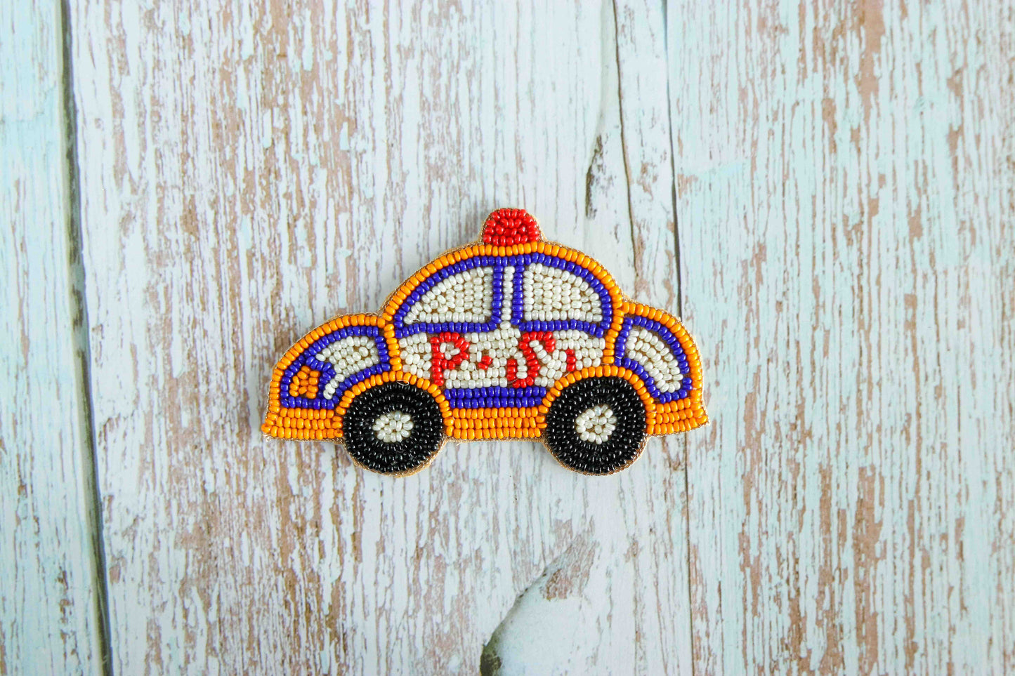 Quirky Police Car beaded patch,Handmade Vehicle Cab applique, Yellow White Taxi Boho embroidered vehicle patch,Sew on DIY Patch