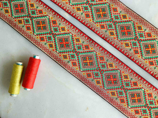 Red Gold Floral Jacquard Trim, Brocade Patola Border, Indian Brocade Lace, Red Gold Geometric Floral Trim, Red Saree Border, Price/mtr