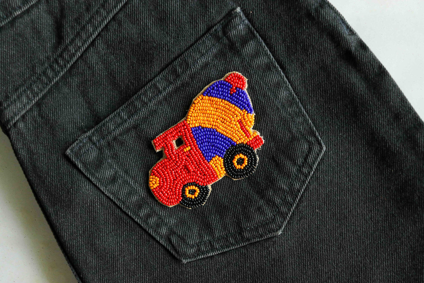 Quirky Truck Multicolour beaded patch,Handmade vehicle applique, Boho Concrete Mixer patch,Construction vehicle,Sew on DIY Patch