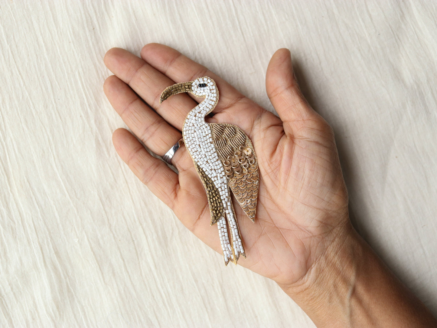 White Gold Stork embroidered patch,Handmade Bird sequin applique, Golden Indian bird zari patch,Sew on applique, Boho DIY Bird Patch