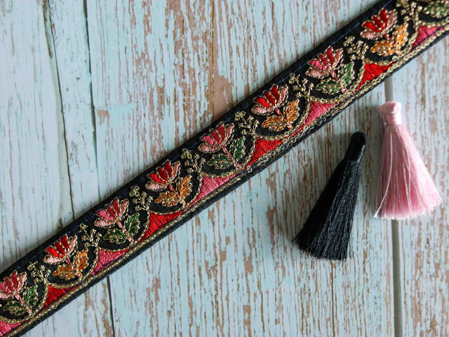 Black Red Floral Embroidered Trim,Indian Fabric Embroidered Border,Black Pink Blue Floral Lace,Floral Saree Border,Price/mtr