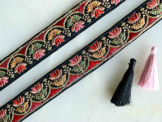 Black Red Floral Embroidered Trim,Indian Fabric Embroidered Border,Black Pink Blue Floral Lace,Floral Saree Border,Price/mtr
