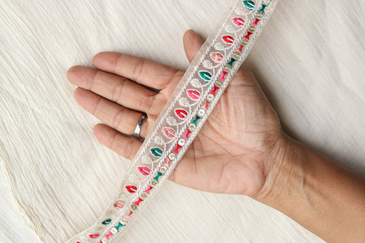 White Floral Pastel Net Trim,Embroidered White Pink Sequin Kashmiri Lace,Boho Elegant Trim,Indian Fabric Trim,White Saree Border,Price/mtr